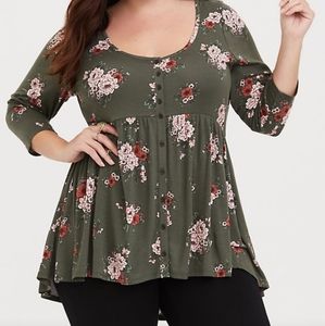Torrid Super Soft Olive Floral Babydoll Tee
